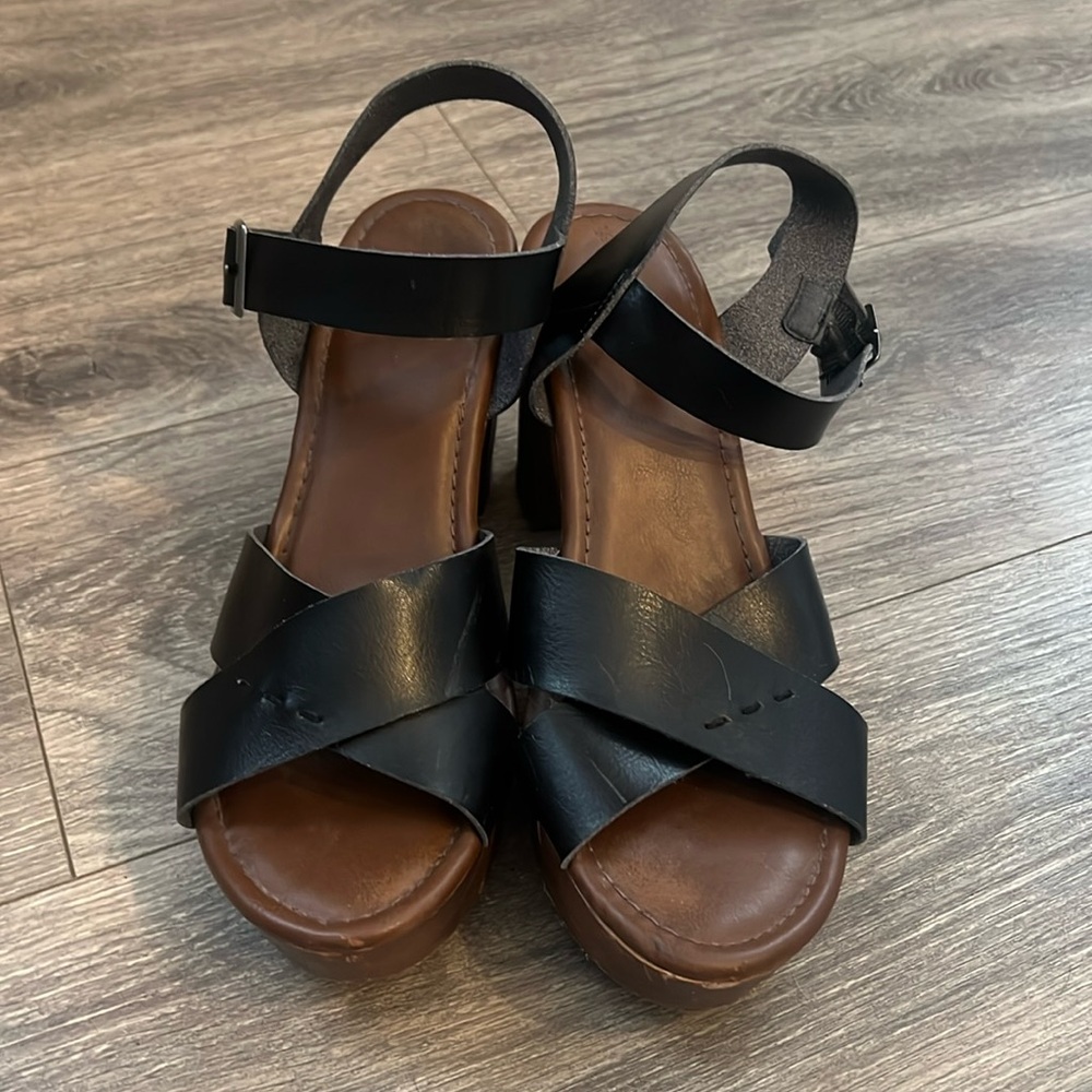 Size 11, black and brown wedge heel
